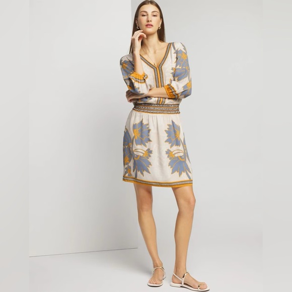 White House Black Market Dress ¾ Sleeve Smocked Waist Dress - Picture 2 of 12